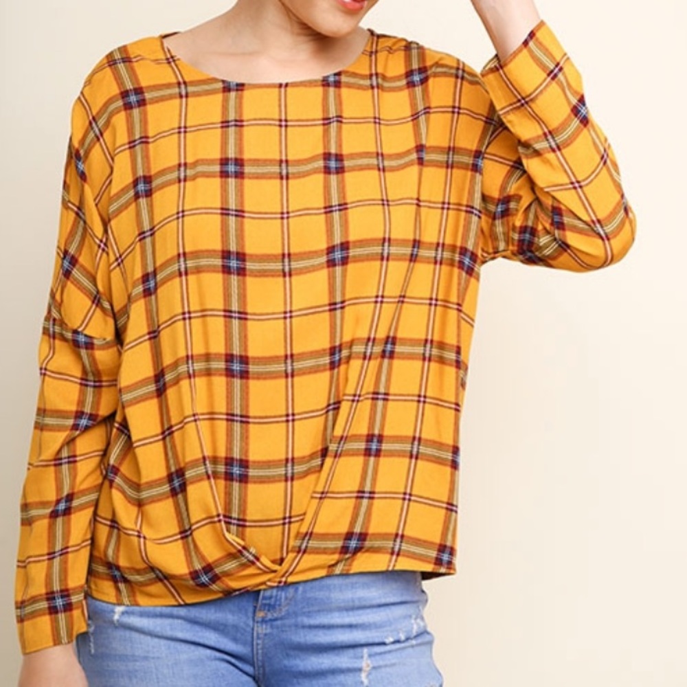 Women’s Mustard Plaid Long-Sleeve Blouse